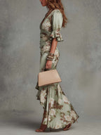 Lima — Floral Ruffle Satin Midi Dress
