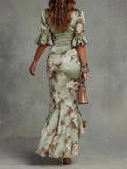 Lima — Floral Ruffle Satin Midi Dress