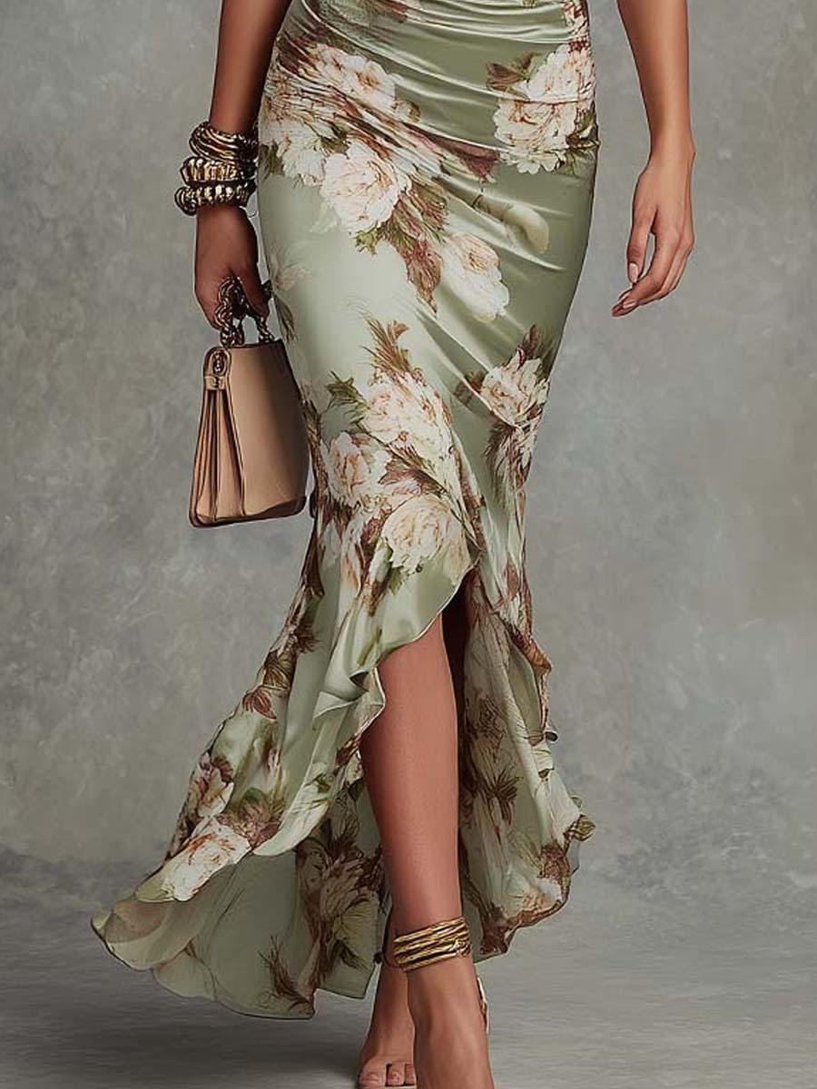 Lima — Floral Ruffle Satin Midi Dress