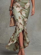 Lima — Floral Ruffle Satin Midi Dress