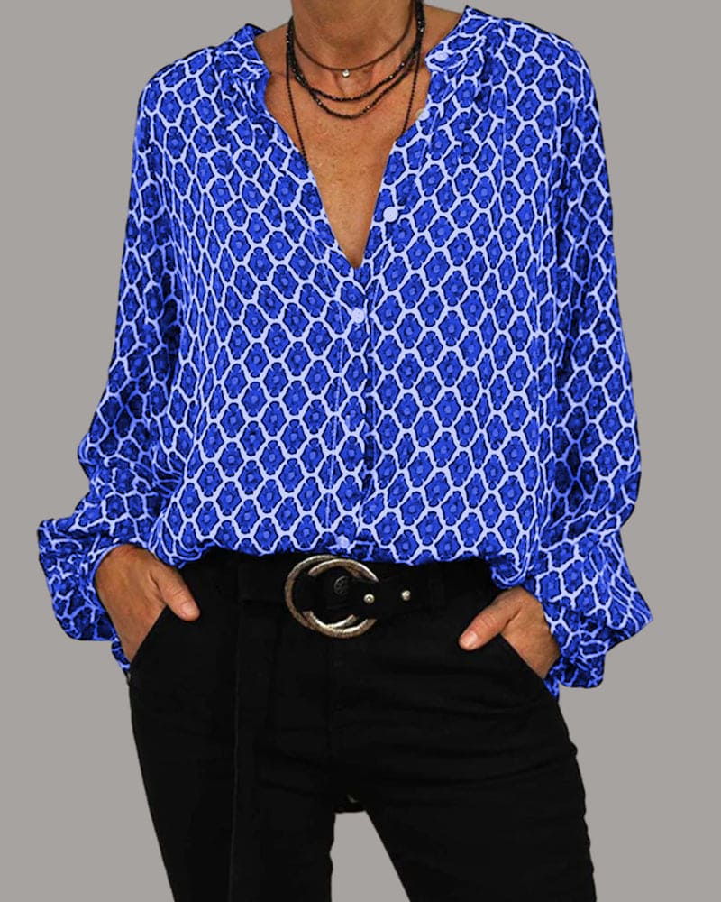 The Lucie — Geometric Print V-Neck Blouse