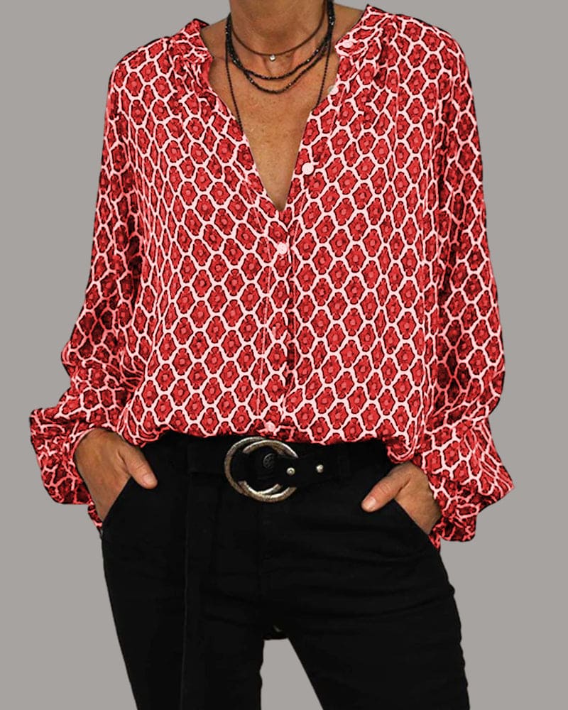 The Lucie — Geometric Print V-Neck Blouse