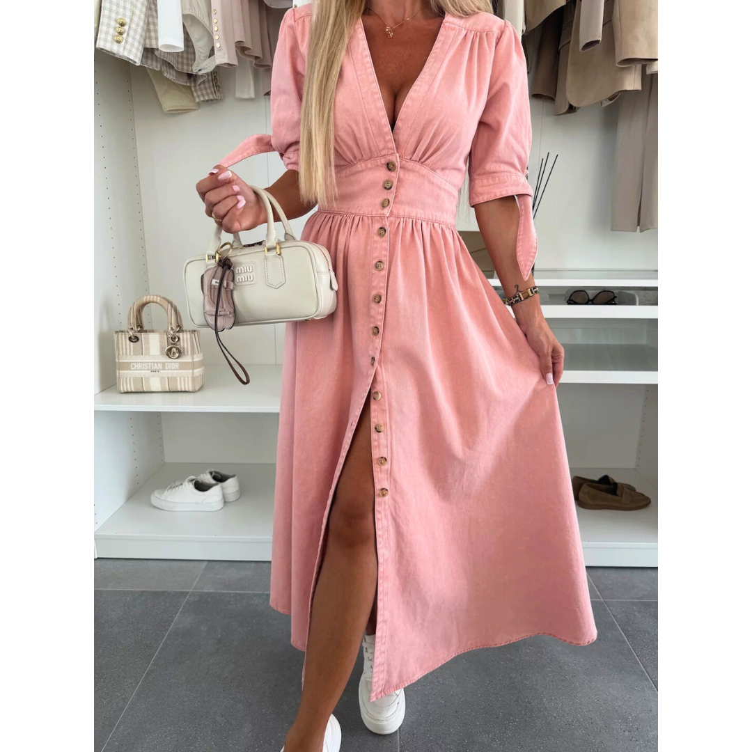 The Elara — Soft Solid V-Neck Midi Dress