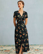 Violette — Black Floral V-Neck Maxi Dress
