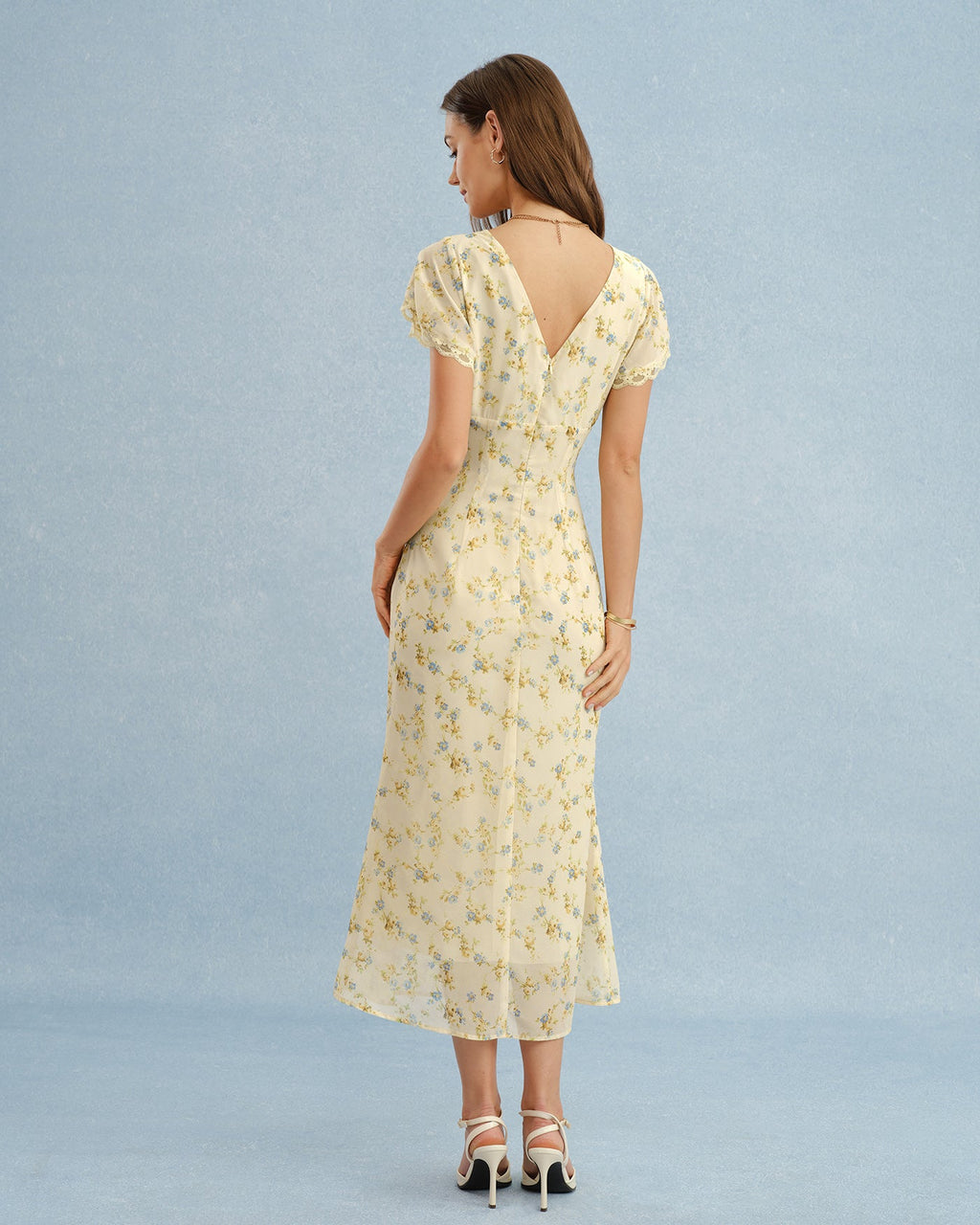 Élise — Yellow V-Neck Lace Floral Maxi Dress