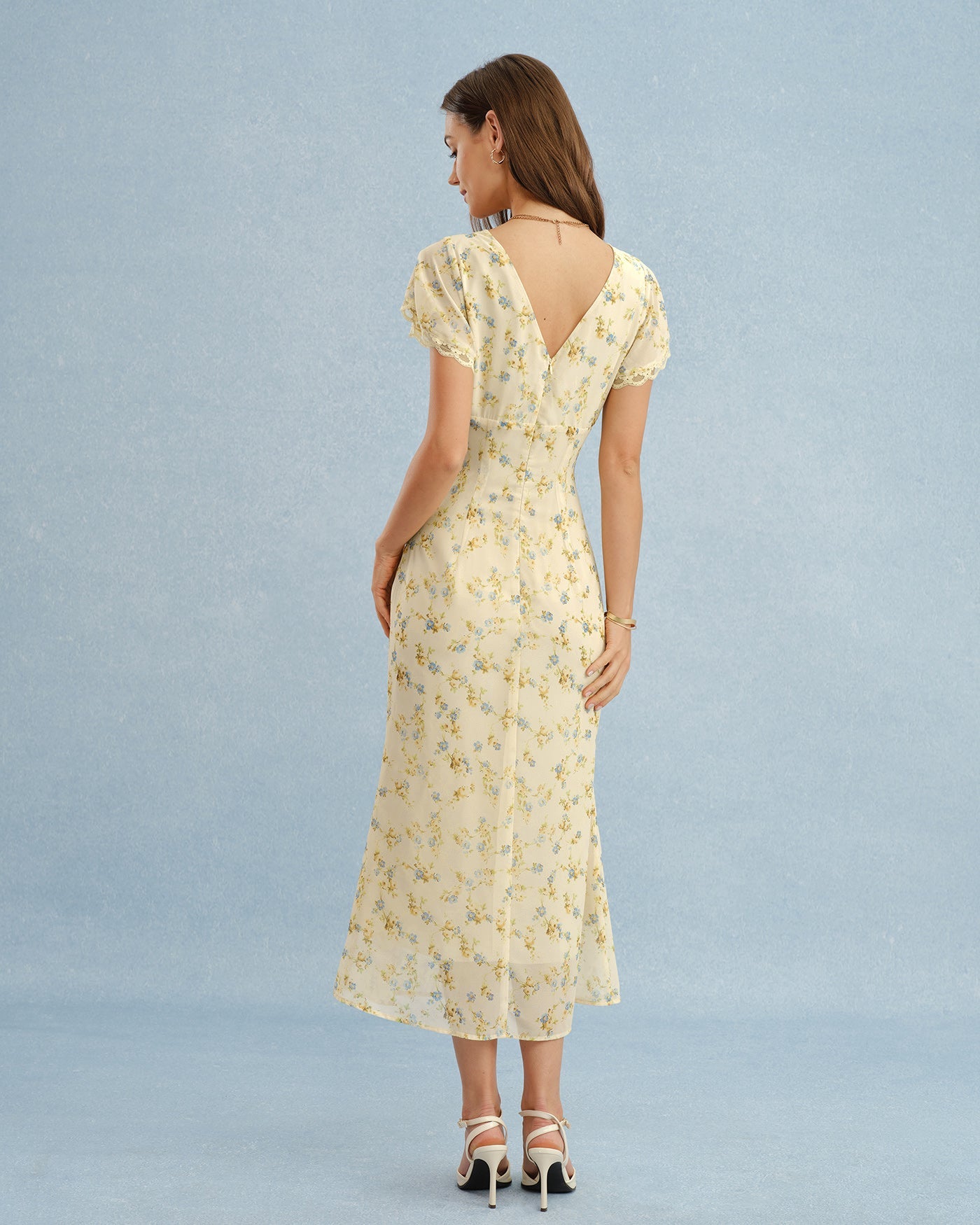 Élise — Yellow V-Neck Lace Floral Maxi Dress