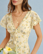 Élise — Yellow V-Neck Lace Floral Maxi Dress