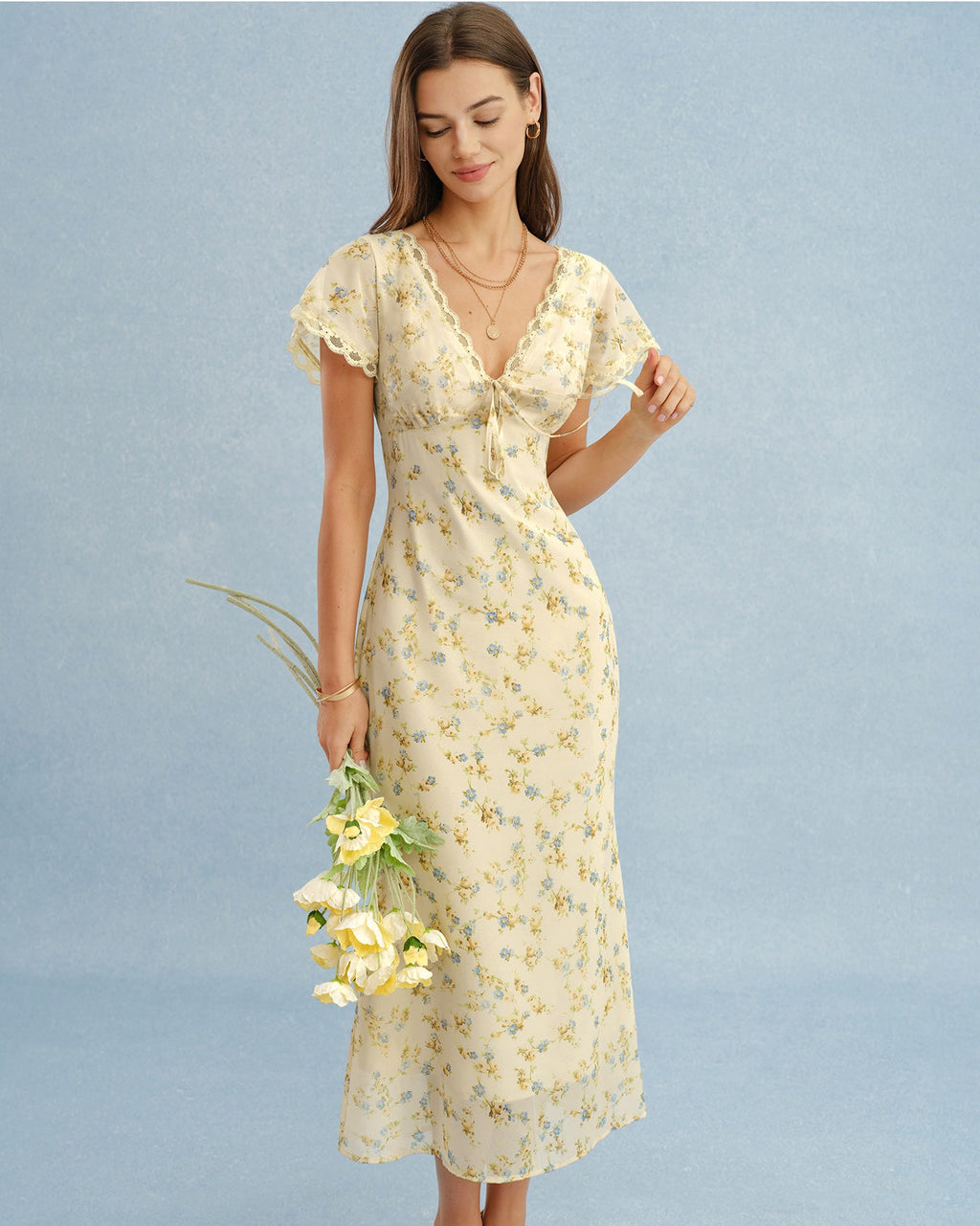 Élise — Yellow V-Neck Lace Floral Maxi Dress