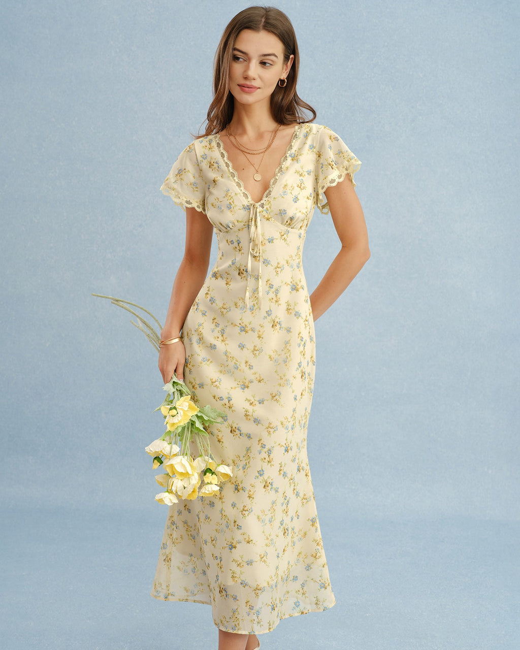 Élise — Yellow V-Neck Lace Floral Maxi Dress