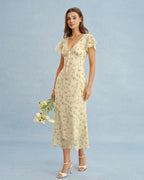 Élise — Yellow V-Neck Lace Floral Maxi Dress