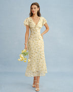 Élise — Yellow V-Neck Lace Floral Maxi Dress
